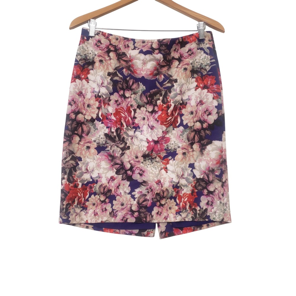 Talbots Petites Skirt 10P Purple Floral Print Pencil Knee Length Back Vent Work